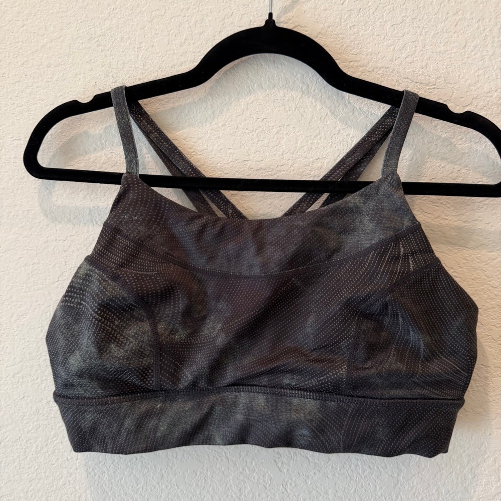 Free People FP Movement Strappy Back Sports Bra Grey Green Dot Print Size M/L